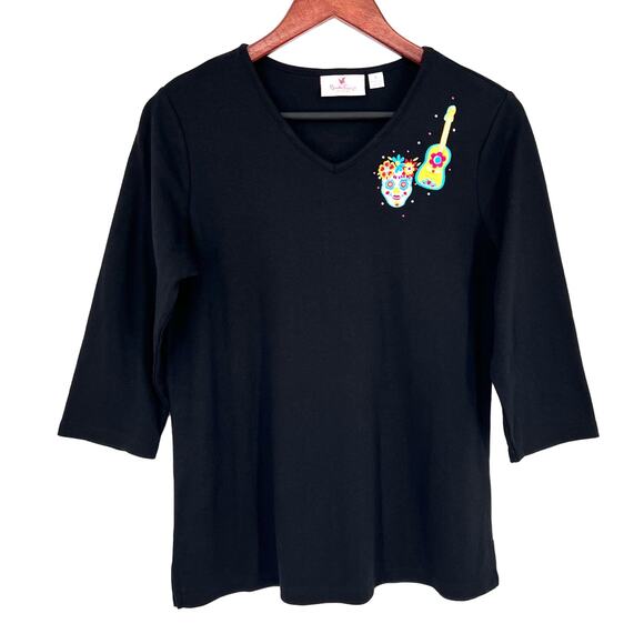 Quacker Factory Small Black Fiesta Dia De Los Muertos Day of The Dead Shirt Top - Picture 1 of 5